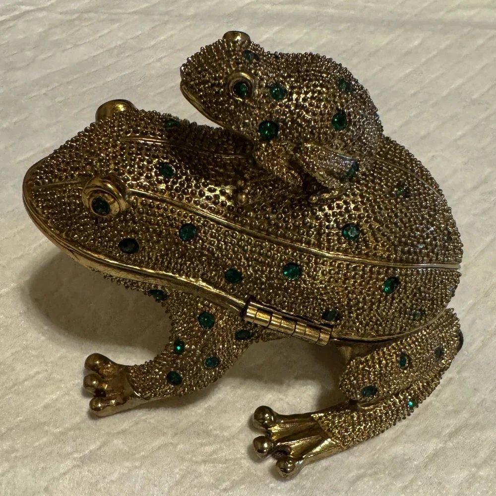 Jeweled Gold Frog Figurine with Green Accents Desk Set